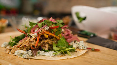 Chicken Bacon Tacos with Infused Apple Slaw and Blue Cheese Mousse